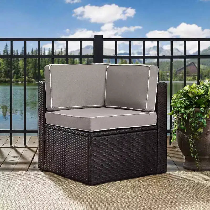 Palm Harbor Outdoor Wicker Corner Chair - Gray - Crosley: Steel Frame, UV-Resistant, Polyester Cushions