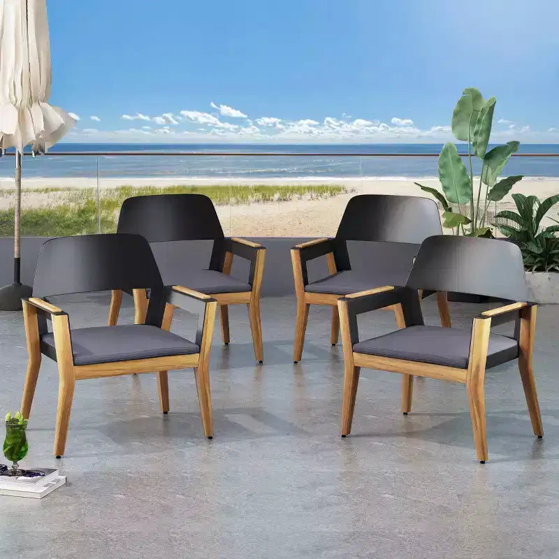 Set di 4 poltrone da esterno Soho in legno di acacia con cuscini - Teak/Nero/Grigio Scuro - Christopher Knight Home