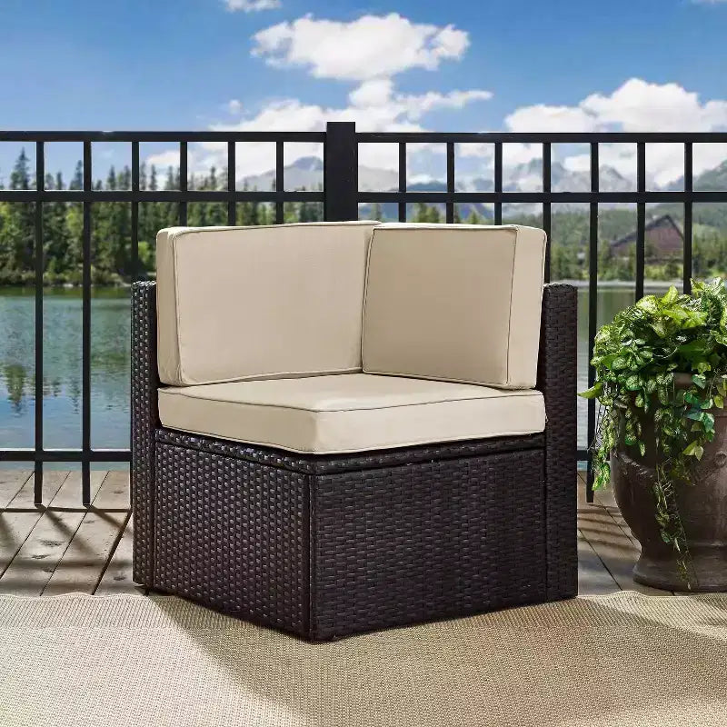 Palm Harbor Outdoor Wicker Corner Chair - Sand - Crosley: Rattan Patio Furniture, UV-Resistant