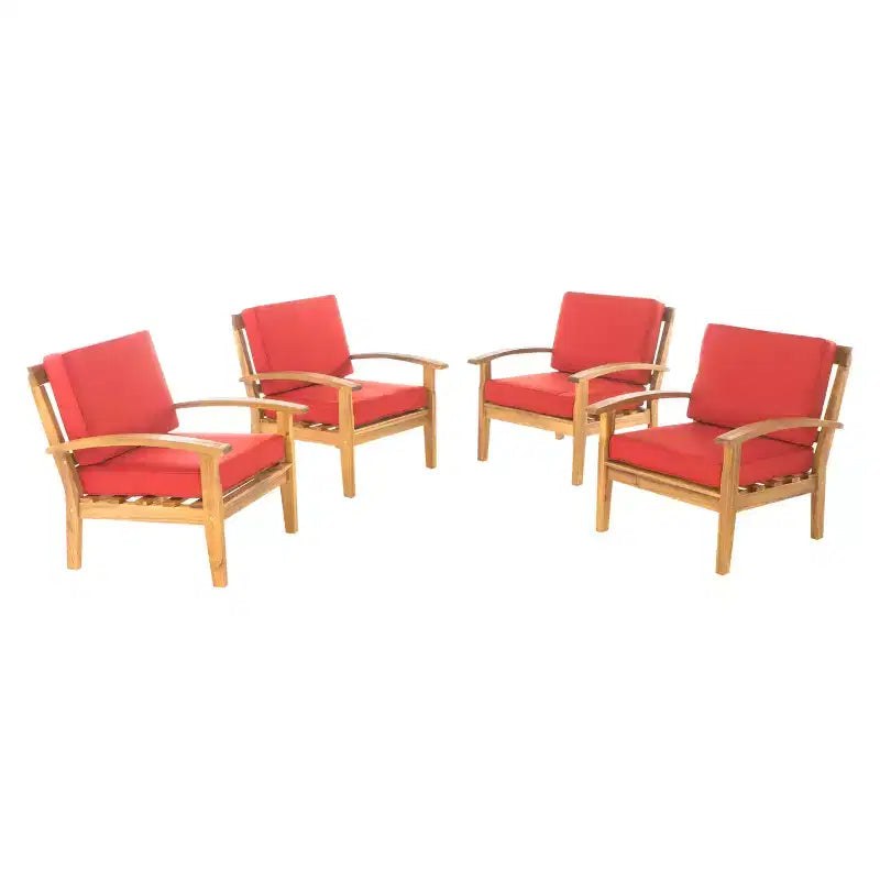 Peyton 4pk Acacia Wood Patio Club Chairs w/ Cushions - Red - Christopher Knight Home