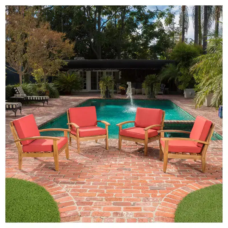 Peyton 4pk Acacia Wood Patio Club Chairs w/ Cushions - Red - Christopher Knight Home