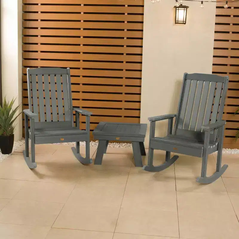 Lehigh 2pk Rocking Chairs with 1 Adirondack Side Table Coastal Teak Gray- Highwood: Outdoor Patio Furniture Set