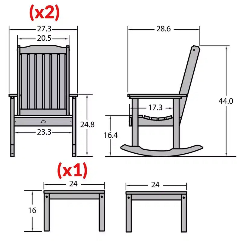 Lehigh 2pk Rocking Chairs with 1 Adirondack Side Table Coastal Teak Gray- Highwood: Outdoor Patio Furniture Set