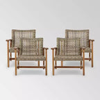 Hampton 4pk Wicker Mid-Century Club Chairs: Acacia Wood & Iron Frame - Christopher Knight Home