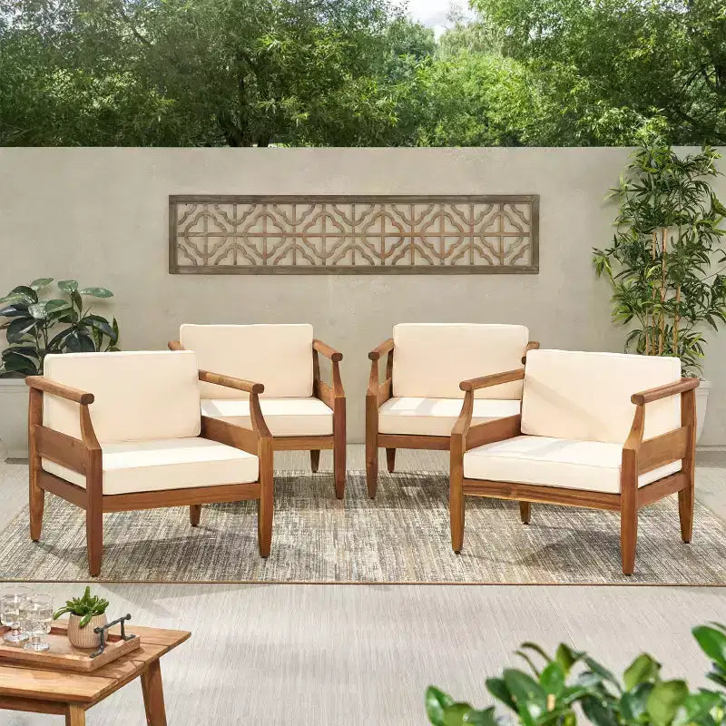 Poltrona club moderna di metà secolo Aston 4 pezzi in legno di acacia: seduta da patio resistente alle intemperie - Christopher Knight Home