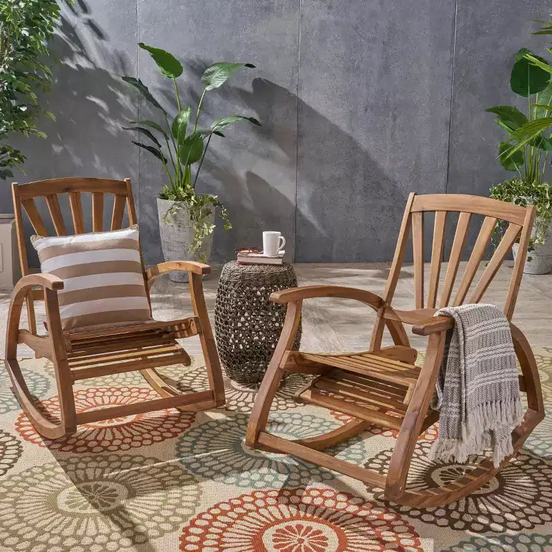 Sunview 2pk Acacia Wood Recliner Rocking Chairs - Teak - Christopher Knight Home: Weather-Resistant Patio Accent Furniture