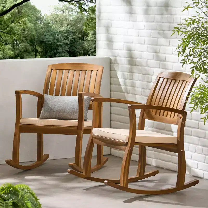 Sedia a dondolo Selma in legno di acacia, 2 pezzi - Teak/Bianco - Christopher Knight Home: Arredi da giardino resistenti alle intemperie