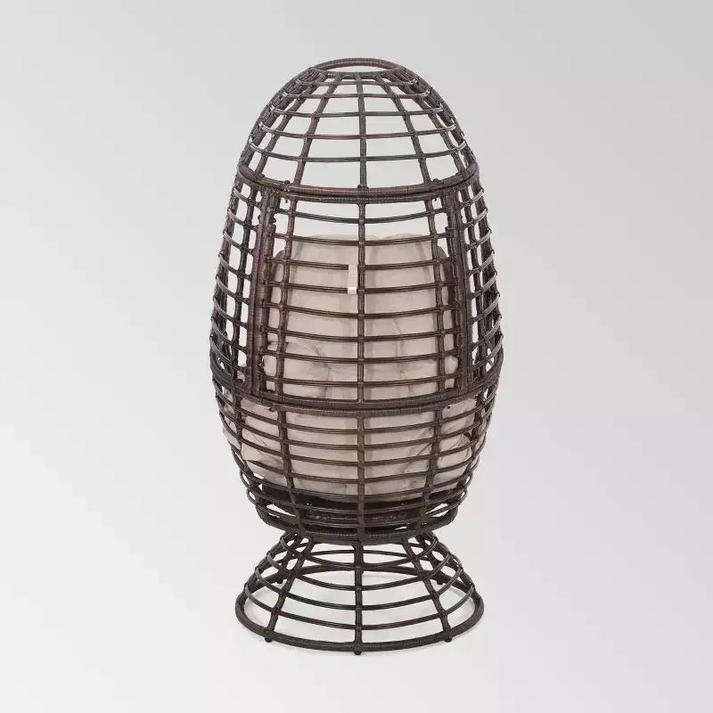Pitner Wicker Swivel Egg Chair - Dark Brown/Beige - Christopher Knight Home: Weather-Resistant Polyester Cushion, Iron Frame