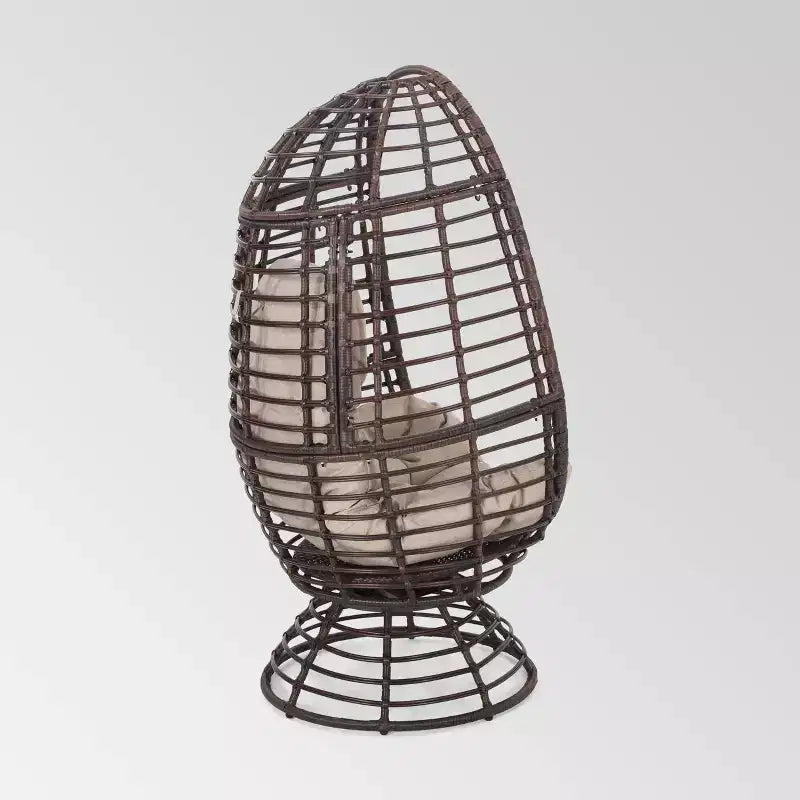 Pitner Wicker Swivel Egg Chair - Dark Brown/Beige - Christopher Knight Home: Weather-Resistant Polyester Cushion, Iron Frame