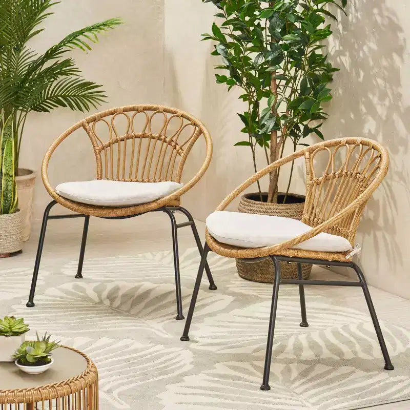 Banya Set 2 Sedie da Giardino in Vimini con Cuscini - Marrone Chiaro/Beige/Nero - Christopher Knight Home: Sedute da Esterno, Rattan PE, Telaio in Metallo