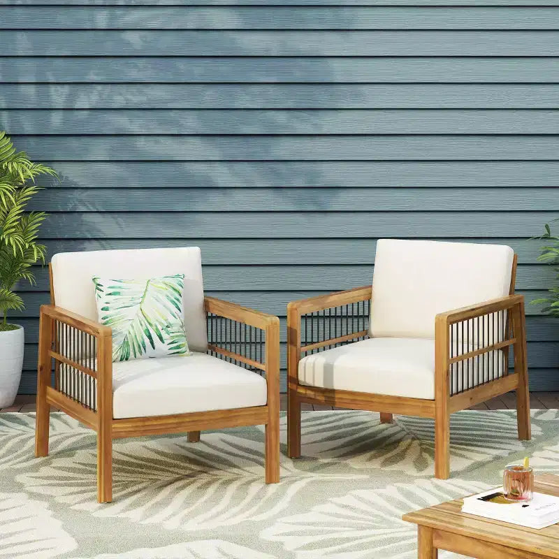 2pk Elias Outdoor Acacia Wood Club Chairs with Cushions Teak/Beige - Christopher Knight Home: Weather-Resistant, UV Protection, Iron Frame