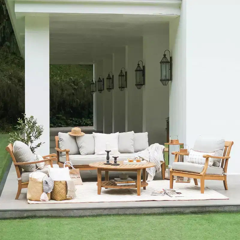 Sonoma Lane Forney 2pc Teak Wood Outdoor Lounge Chairs with Oyster Cushions - Weather-Resistant, Zippered Cushions