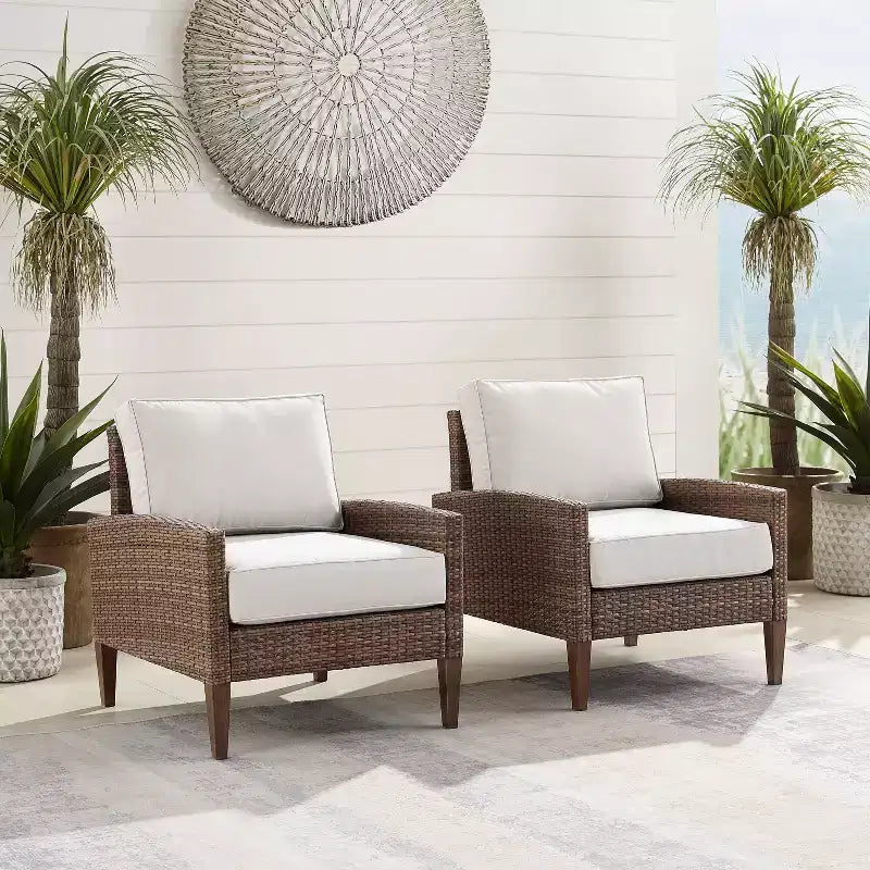 Capella 2pk Outdoor Wicker Arm Chairs - Cream/Brown - Crosley