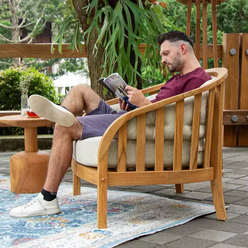 Sonoma Lane Graford Teak Outdoor Lounge Chair with Tan Cushion