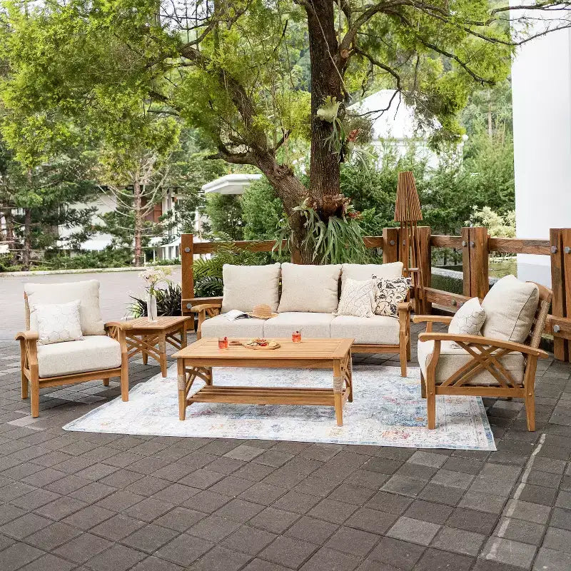 Sedia a sdraio da esterno Sonoma Lane Eola in teak con cuscini color cuoio con cerniera