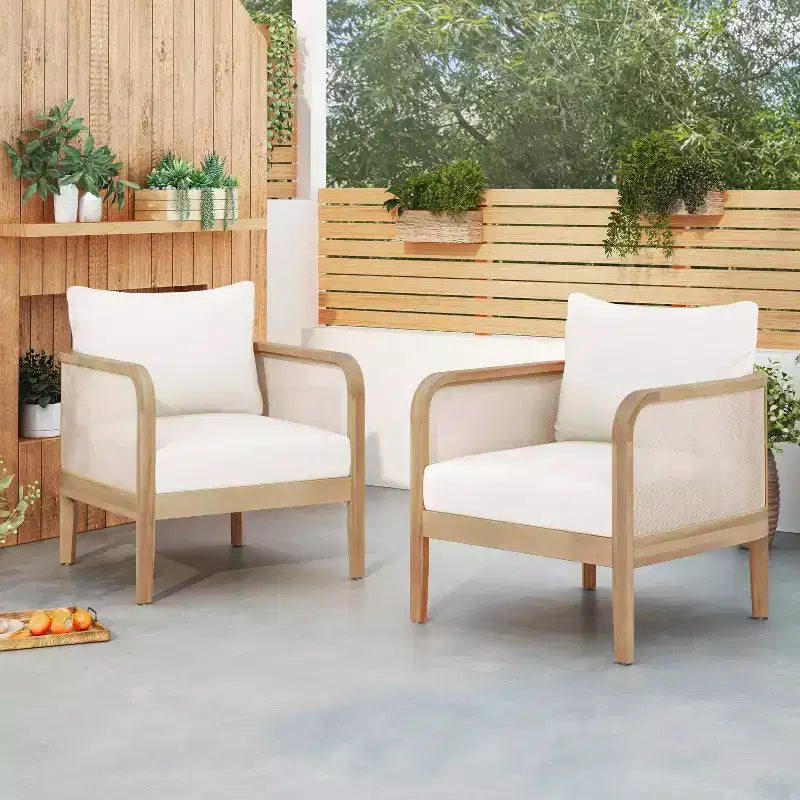 Christopher Knight Home Linksy 2pc Modern Patio Acacia Club Chair Set Water Repellent Cushion