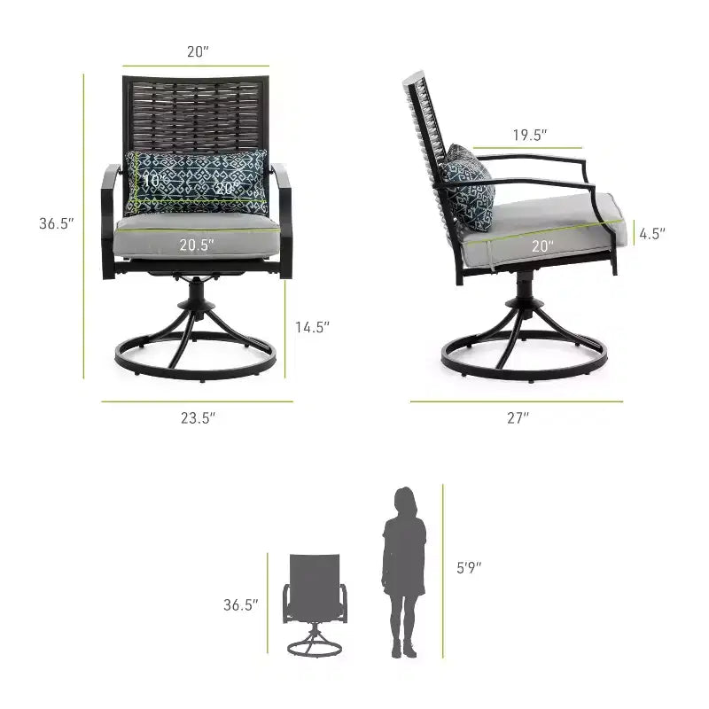 Greemotion 2 pz. Set sedie a dondolo girevoli da esterno Sintra con cuscino lombare blu grigio: Struttura in acciaio, resistente a sbiadimento e raggi UV