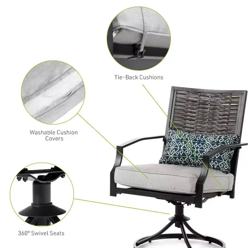 Greemotion 2 pz. Set sedie a dondolo girevoli da esterno Sintra con cuscino lombare blu grigio: Struttura in acciaio, resistente a sbiadimento e raggi UV