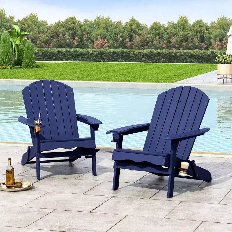 2pk Bellwood Outdoor Acacia Wood Folding Adirondack Chairs Navy: Cup Holders, Weather-Resistant - Christopher Knight Home