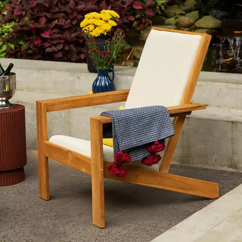 Sonoma Lane Alice Teak Outdoor Adirondack Chair with Tan Textilene Padded Seat – Weather-Resistant, Quick-Dry Foam Comfort