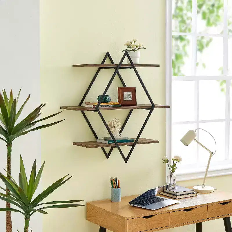 Danya B. 3-Tier Antigua Crossed Double Diamond Wall Shelf Unit Black/Rustic: Laminated Iron Frame, Includes Mounting Brackets