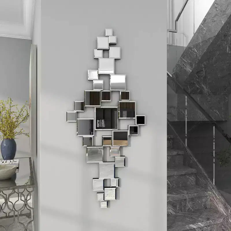 Olivia & May 48"X21" Glass Geometric Room Wall Mirror with Square Mirrors Silver