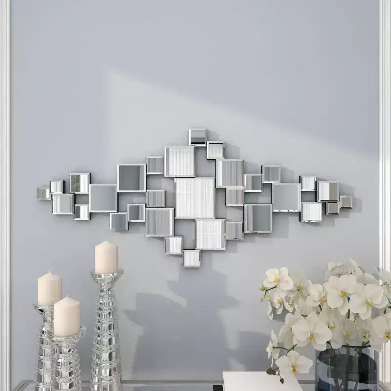 Olivia & May 48"X21" Glass Geometric Room Wall Mirror with Square Mirrors Silver