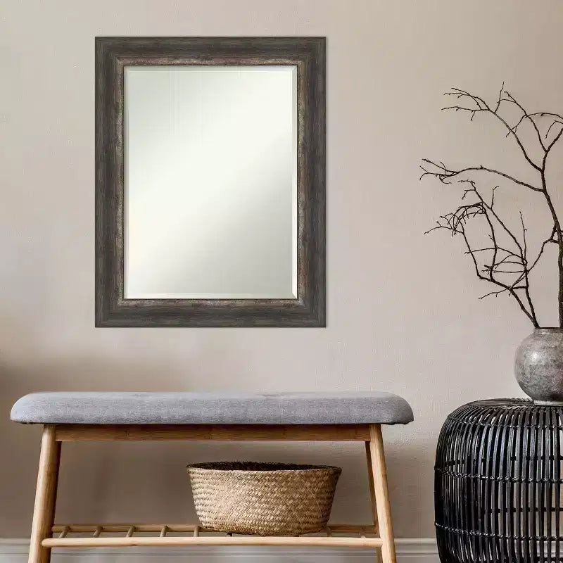 Specchio da parete con cornice rustica in corteccia 23" x 29" Marrone - Amanti Art: Vetro moderno con bordo smussato, nessun assemblaggio richiesto