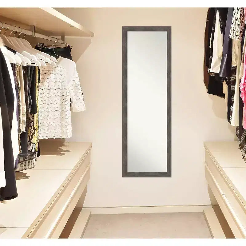 17"x51" Pinstripe Wood Framed Full Length On the Door Mirror Lead Gray - Amanti Art: Wall Mount, No Assembly Required