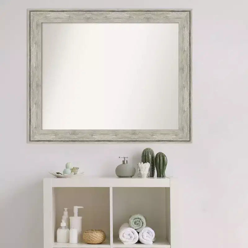 33" x 27" Non-Beveled Crackled Bathroom Wall Mirror Metallic Silver - Amanti Art: Rectangle, Polystyrene Frame, Wall Mounted