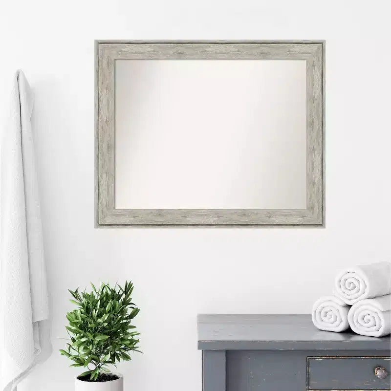 33" x 27" Non-Beveled Crackled Bathroom Wall Mirror Metallic Silver - Amanti Art: Rectangle, Polystyrene Frame, Wall Mounted