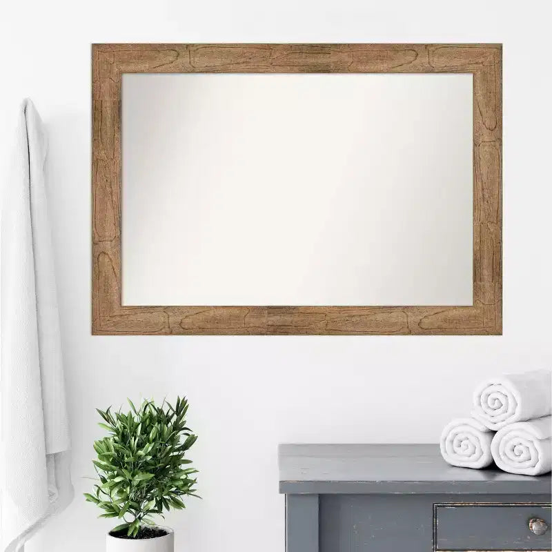 Specchio da parete per bagno in legno con gufo non smussato da 42" x 30" marrone - Amanti Art: Rettangolare moderno, Montaggio a parete