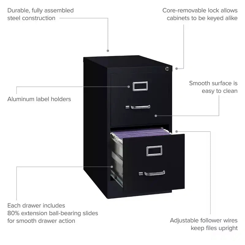 Classificatore verticale a 2 cassetti Hirsh 22" nero: Struttura in acciaio, certificato GreenGuard e ANSI/BIFMA, nessun assemblaggio richiesto