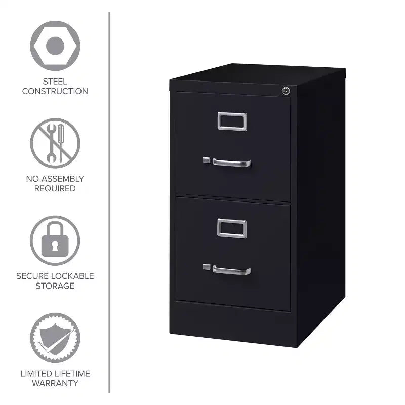Classificatore verticale a 2 cassetti Hirsh 22" nero: Struttura in acciaio, certificato GreenGuard e ANSI/BIFMA, nessun assemblaggio richiesto