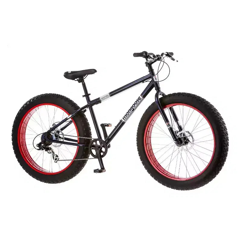 Mongoose Dolomite, Bici da montagna da uomo con pneumatici fat da 26", blu scuro/rosso