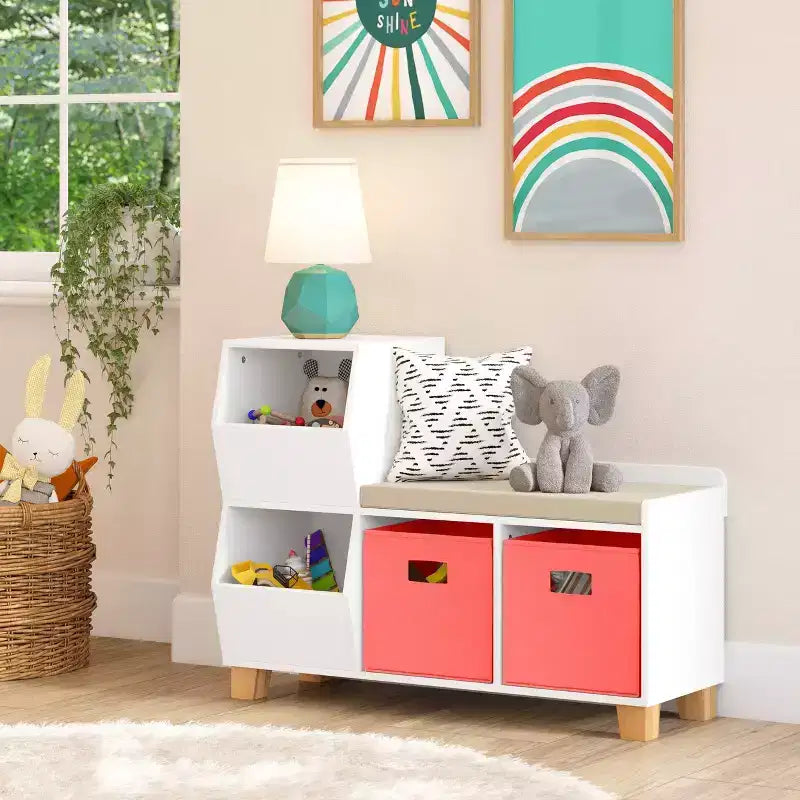 Panca contenitore RiverRidge Kids' Catch-All Cubby, con ripiani per giocattoli e seduta imbottita per angolo lettura e sala giochi, bianca