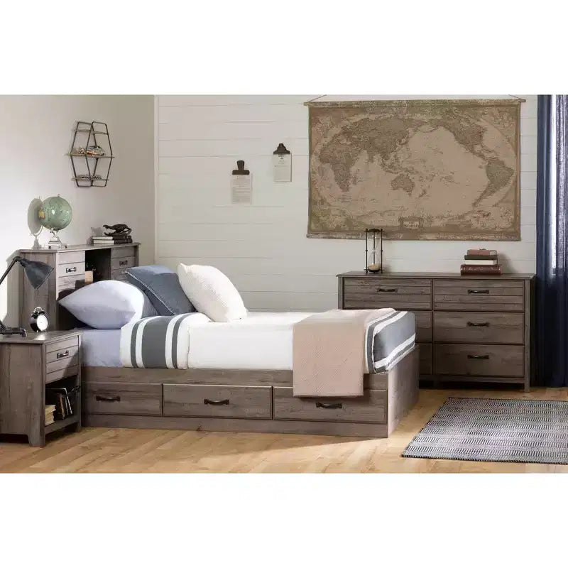 Testiera libreria completa Ulysses con ante, Rovere autunnale - South Shore: Full Size, Moderna, Legno, Marrone