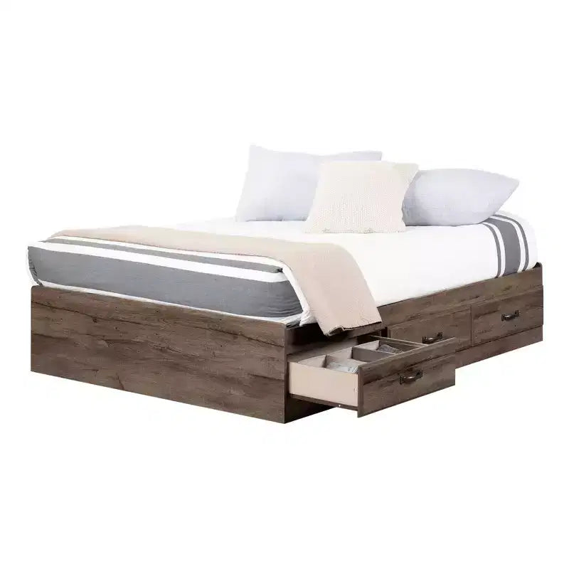 Full Ulysses Mates Kids' Bed with 3 Drawers Fall Oak - South Shore: Modern Full Size Bed Frame, Storage, Unupholstered