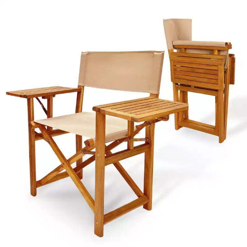 Aspect Living Walker Folding Directors Chair with Side Tables - Natural Finish Wooden Chair, Patio, Poolside, Backyard, Garden - Indoor & Outdoor Use