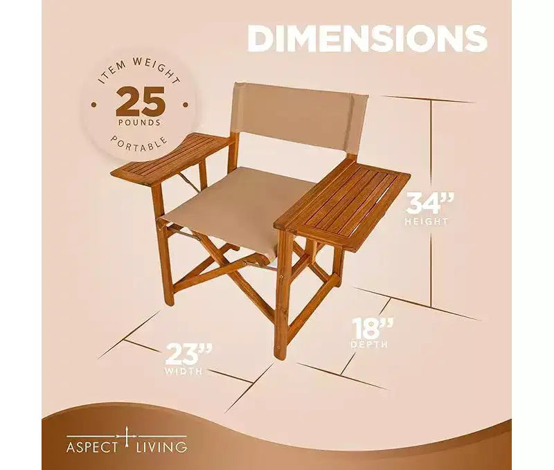 Aspect Living Walker Folding Directors Chair with Side Tables - Natural Finish Wooden Chair, Patio, Poolside, Backyard, Garden - Indoor & Outdoor Use