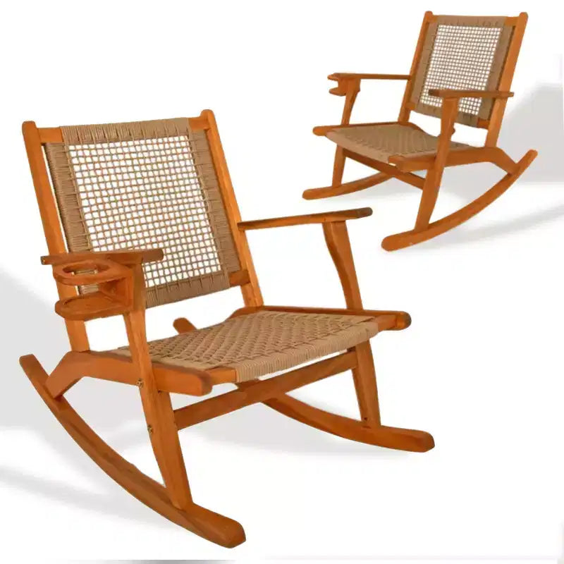 Sedia a Dondolo Aspect Living Vega con Portabibite, Finitura Naturale, Sedia in Legno per Patio, Giardino, Uso Interno ed Esterno - Robusta Struttura in Legno