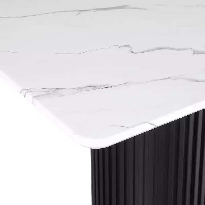 Luxury Faux Marble Top Column Base Dining Table Rectangular Metal Frame in White for Kitchen Seats of 6 - Morden Fort