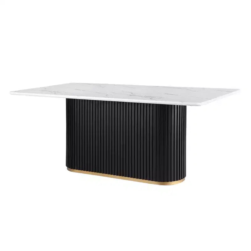 Luxury Faux Marble Top Column Base Dining Table Rectangular Metal Frame in White for Kitchen Seats of 6 - Morden Fort