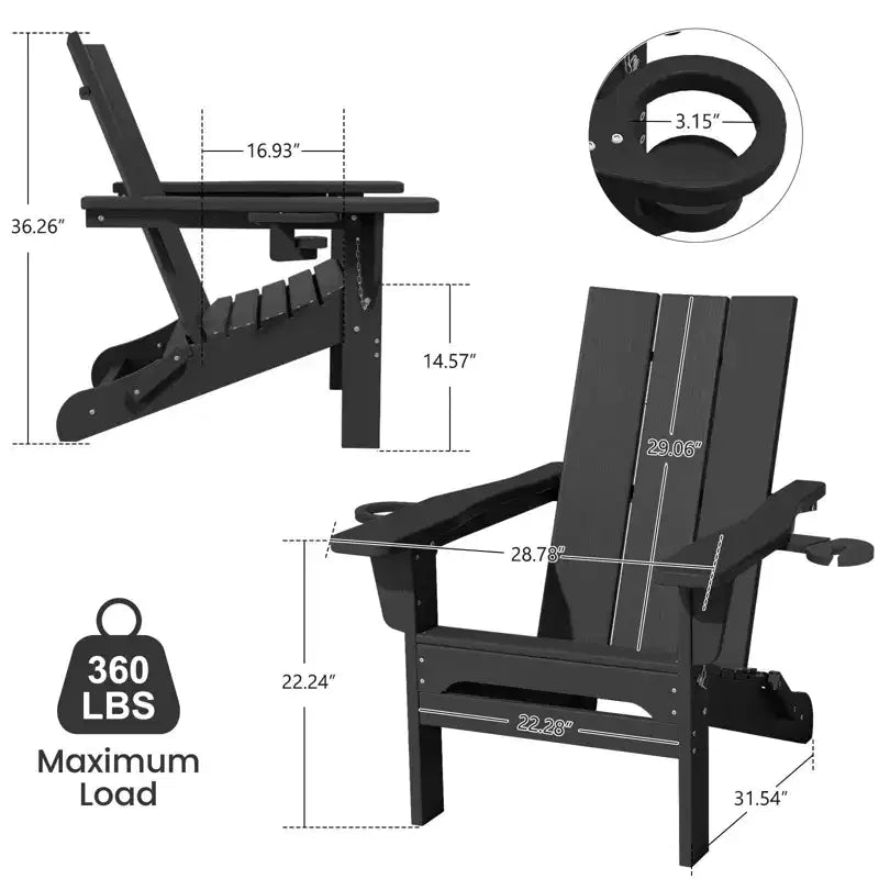 Hyleory Outdoor HDPE Folding Adirondack Chairs with 2 Cup Holders-103 degrees Curved Backrest Patio Accent Chair