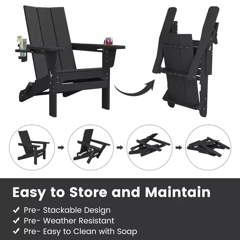 Hyleory Outdoor HDPE Folding Adirondack Chairs with 2 Cup Holders-103 degrees Curved Backrest Patio Accent Chair