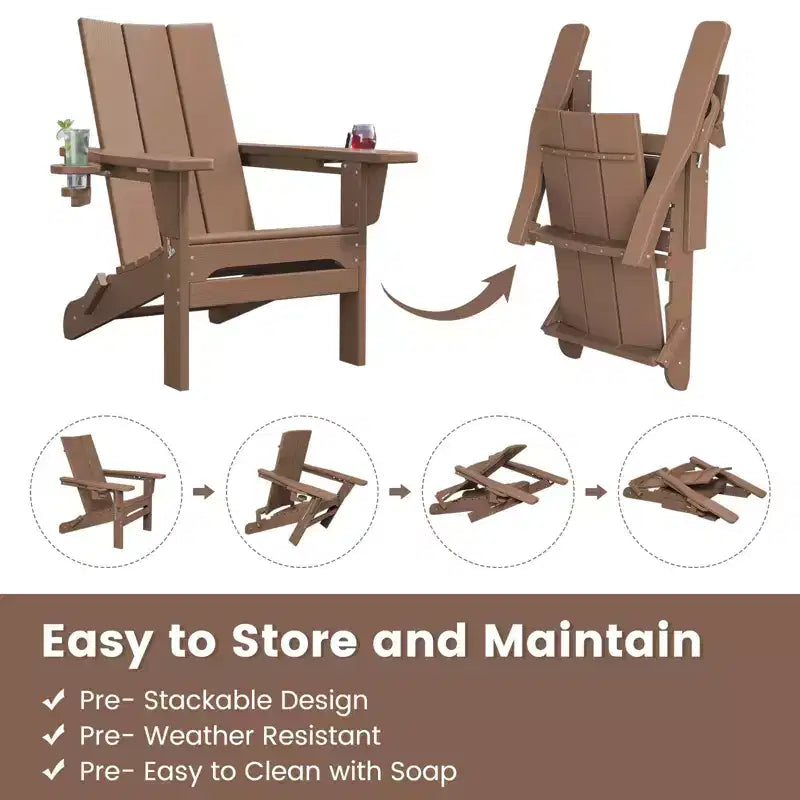 Hyleory Outdoor HDPE Folding Adirondack Chairs with 2 Cup Holders-103 degrees Curved Backrest Patio Accent Chair