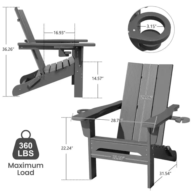 Hyleory Outdoor HDPE Folding Adirondack Chairs with 2 Cup Holders-103 degrees Curved Backrest Patio Accent Chair