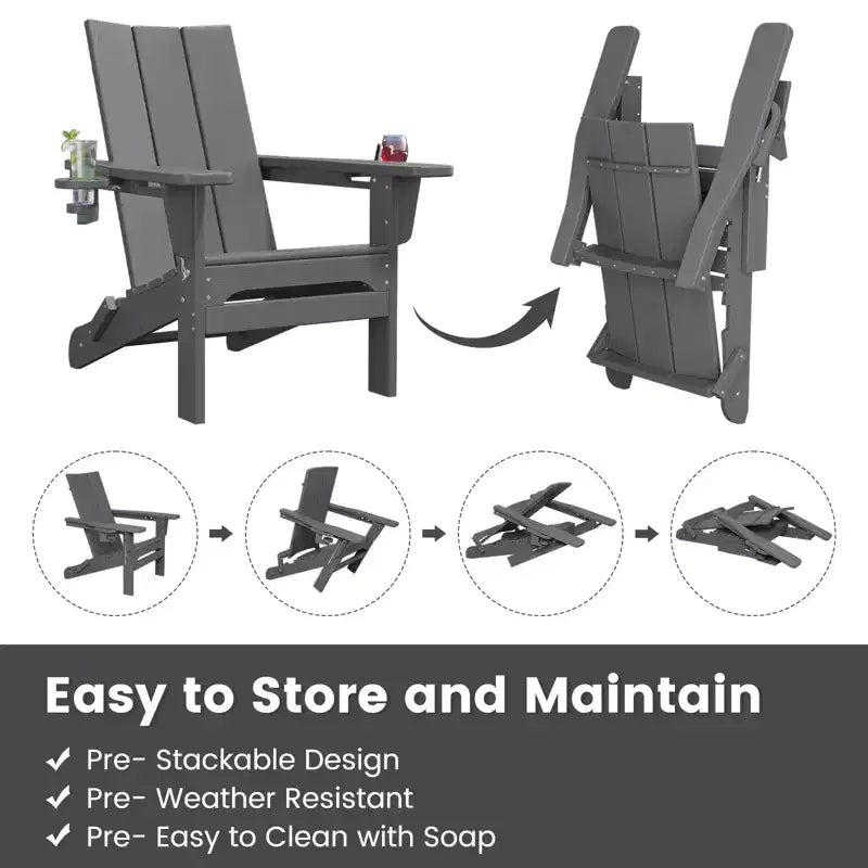 Hyleory Outdoor HDPE Folding Adirondack Chairs with 2 Cup Holders-103 degrees Curved Backrest Patio Accent Chair