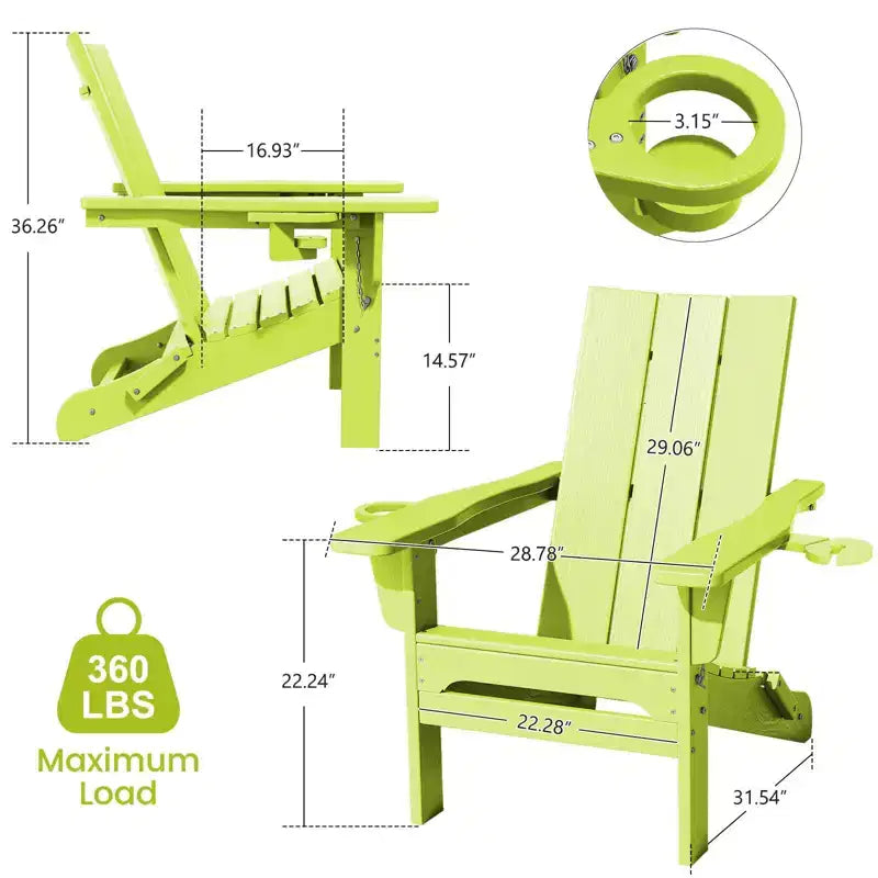 Hyleory Outdoor HDPE Folding Adirondack Chairs with 2 Cup Holders-103 degrees Curved Backrest Patio Accent Chair