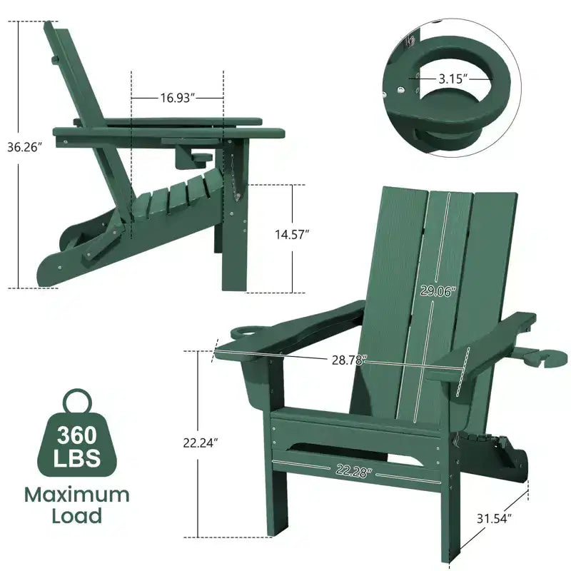 Hyleory Outdoor HDPE Folding Adirondack Chairs with 2 Cup Holders-103 degrees Curved Backrest Patio Accent Chair